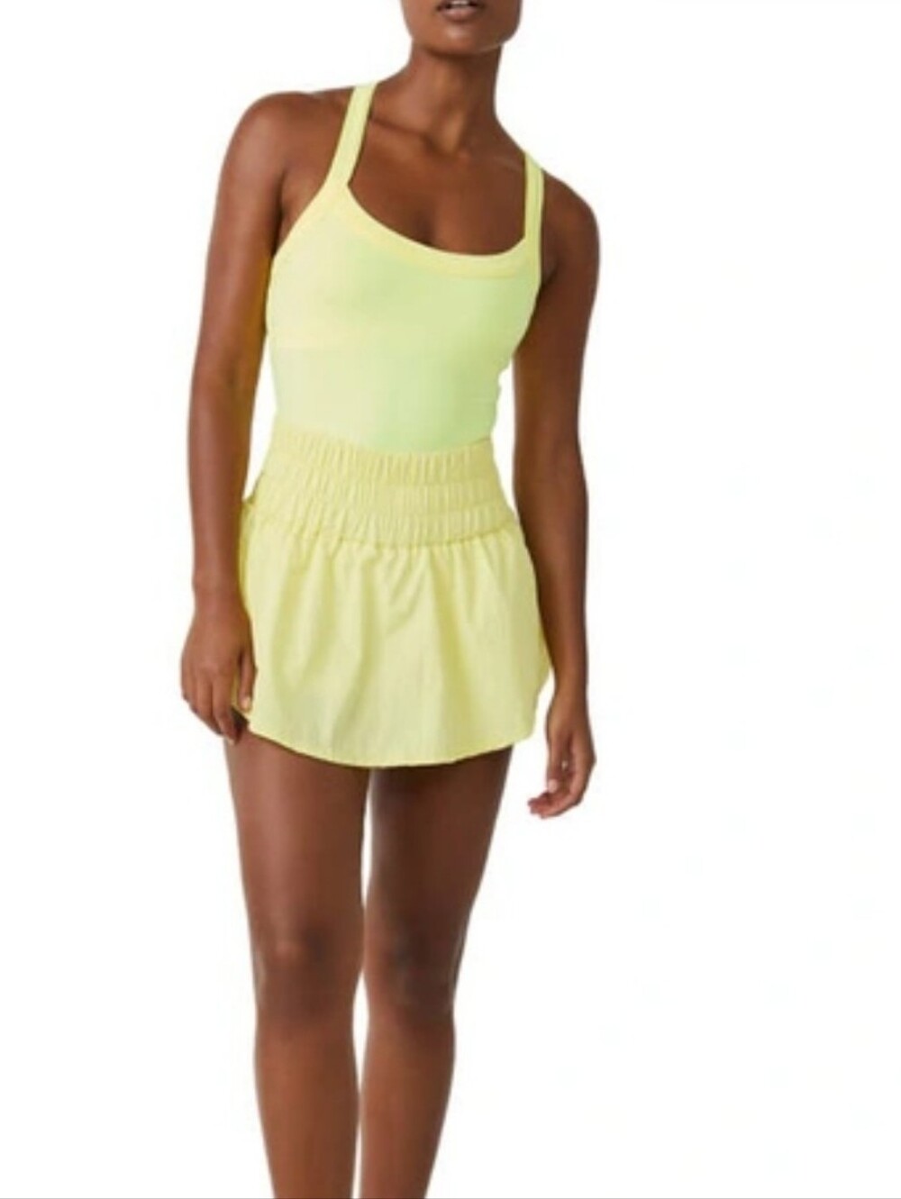 FP Movement Sunny Yellow Sleeveless Smocked Waist Shortsie Romper Dress (S)